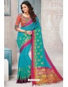 Turquoise Designer Cotton Silk Party Wear Sari