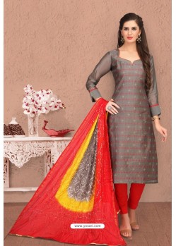 Dull Grey Embroidered Designer Chanderi Silk Churidar Salwar Suit