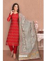 Red Embroidered Designer Chanderi Silk Churidar Salwar Suit