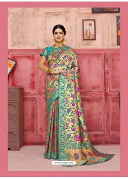 Turquoise Designer Classic Wear Silk Sari