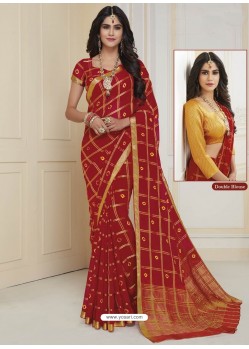 Red Designer Casual Wear Chiffon Sari With Double Blouse