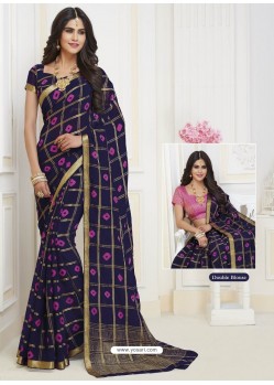 Navy Blue Designer Casual Wear Chiffon Sari With Double Blouse