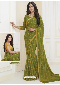 Mehendi Designer Casual Wear Chiffon Sari With Double Blouse