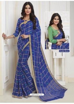 Royal Blue Designer Casual Wear Chiffon Sari With Double Blouse