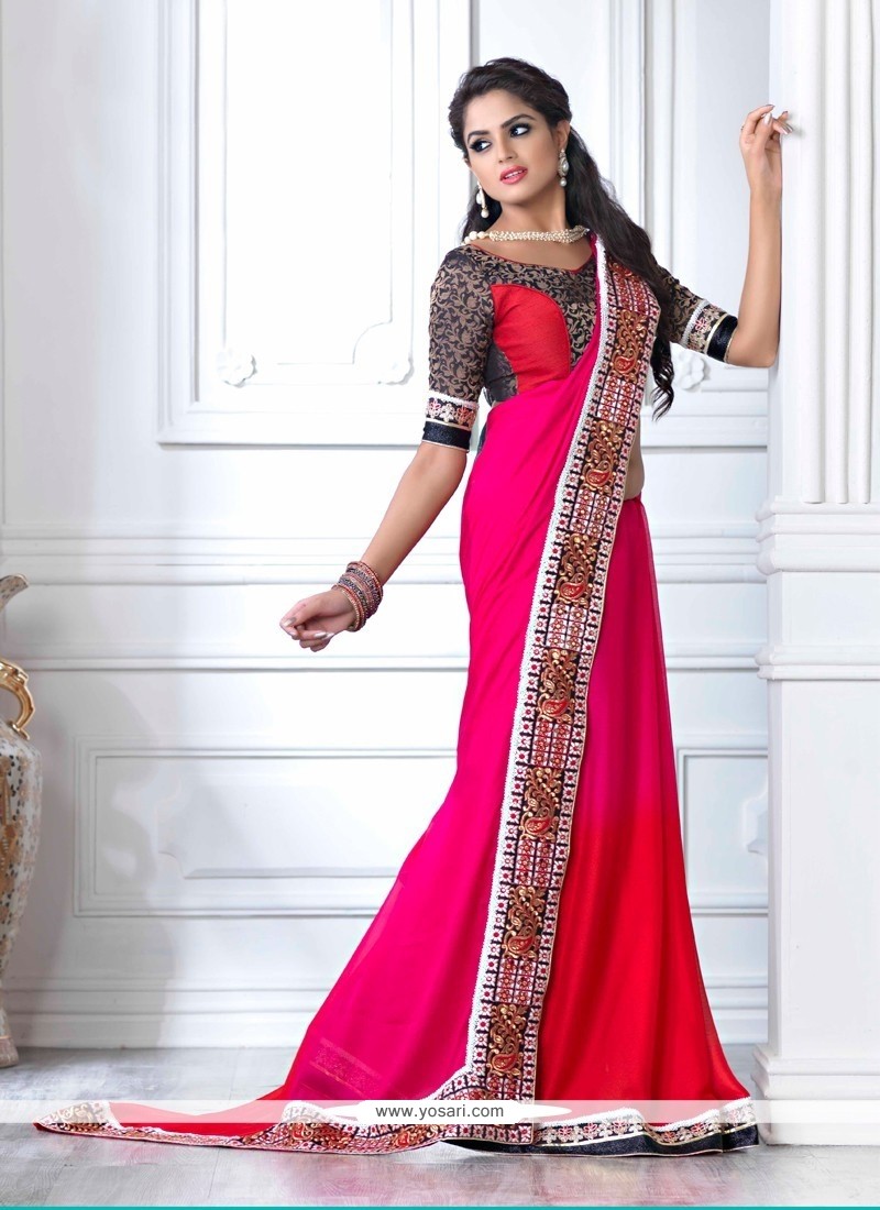 Luxurious Pink And Red Shaded Chiffon Party Wear Saree