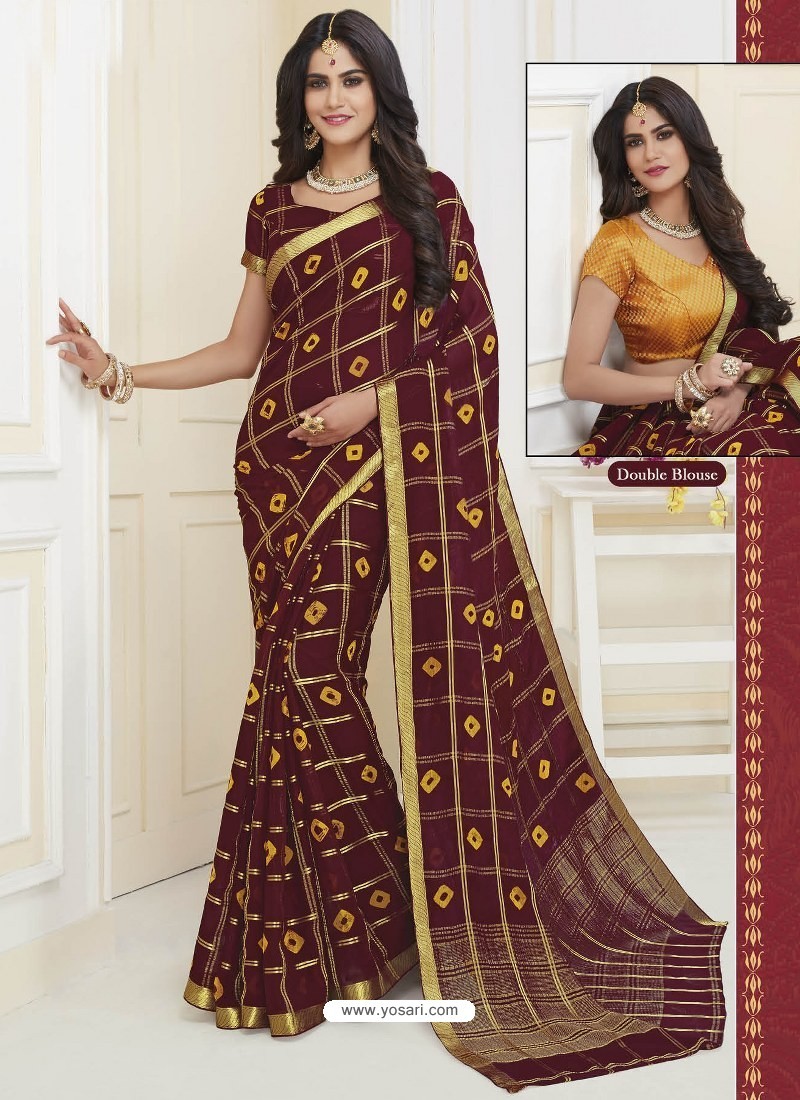 Buy Maroon Designer Casual Wear Chiffon Sari With Double Blouse | Party ...
