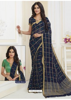 Navy Blue Designer Casual Wear Chiffon Sari With Double Blouse