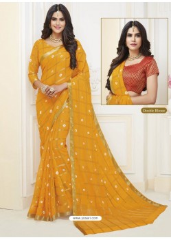 Yellow Designer Casual Wear Chiffon Sari With Double Blouse