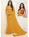 Yellow Designer Casual Wear Chiffon Sari With Double Blouse