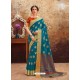 Teal Blue Heavy Embroidered Designer Art Silk Sari