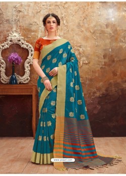 Teal Blue Heavy Embroidered Designer Art Silk Sari