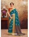 Teal Blue Heavy Embroidered Designer Art Silk Sari