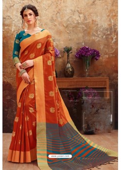 Orange Heavy Embroidered Designer Art Silk Sari
