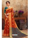 Orange Heavy Embroidered Designer Art Silk Sari