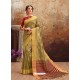 Olive Green Heavy Embroidered Designer Art Silk Sari