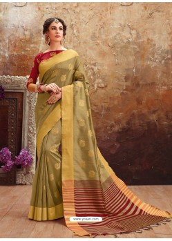 Olive Green Heavy Embroidered Designer Art Silk Sari