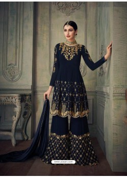 Navy Blue Heavy Embroidered Pure Georgette Designer Sharara Suit