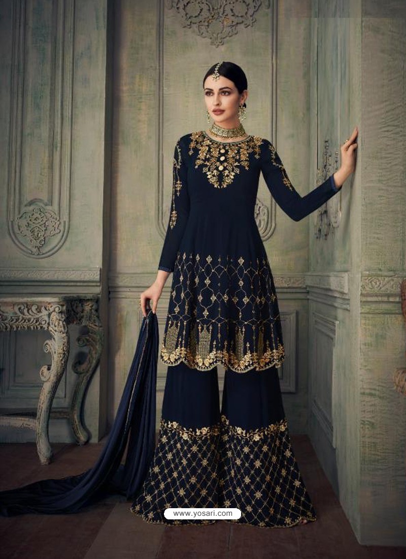 Buy Navy Blue Heavy Embroidered Pure Georgette Designer Sharara Suit Palazzo Salwar Suits