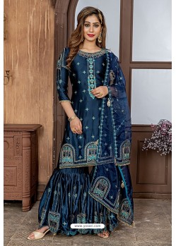 Teal Blue Heavy Embroidered Designer Party Wear Sharara Suit