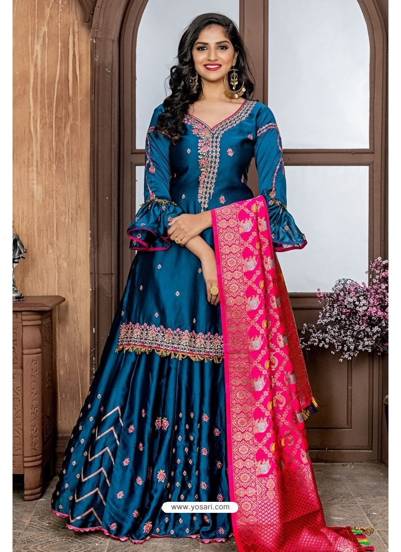 Buy Teal Blue Heavy Embroidered Designer Party Wear Sharara Suit ...