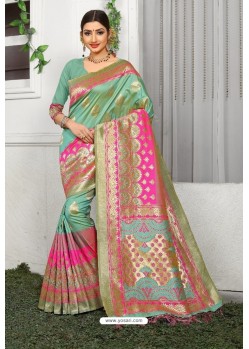 Jade Green Designer Party Wear Lichi Silk Sari