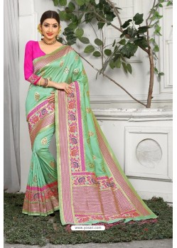 Sea Green Designer Party Wear Lichi Silk Sari