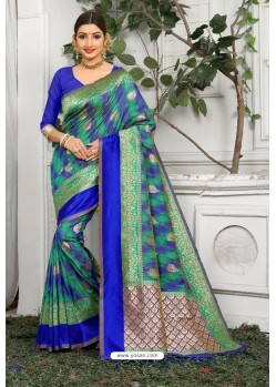 Royal Blue Designer Party Wear Lichi Silk Sari