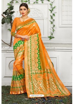 Orange Designer Party Wear Lichi Silk Sari