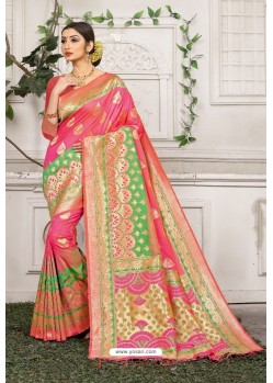 Hot Pink Designer Party Wear Lichi Silk Sari