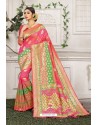 Hot Pink Designer Party Wear Lichi Silk Sari