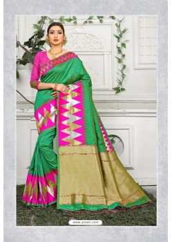 Forest Green Designer Party Wear Lichi Silk Sari