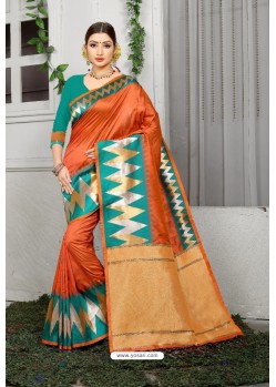 Rust Designer Party Wear Lichi Silk Sari