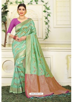 Sea Green Designer Party Wear Lichi Silk Sari