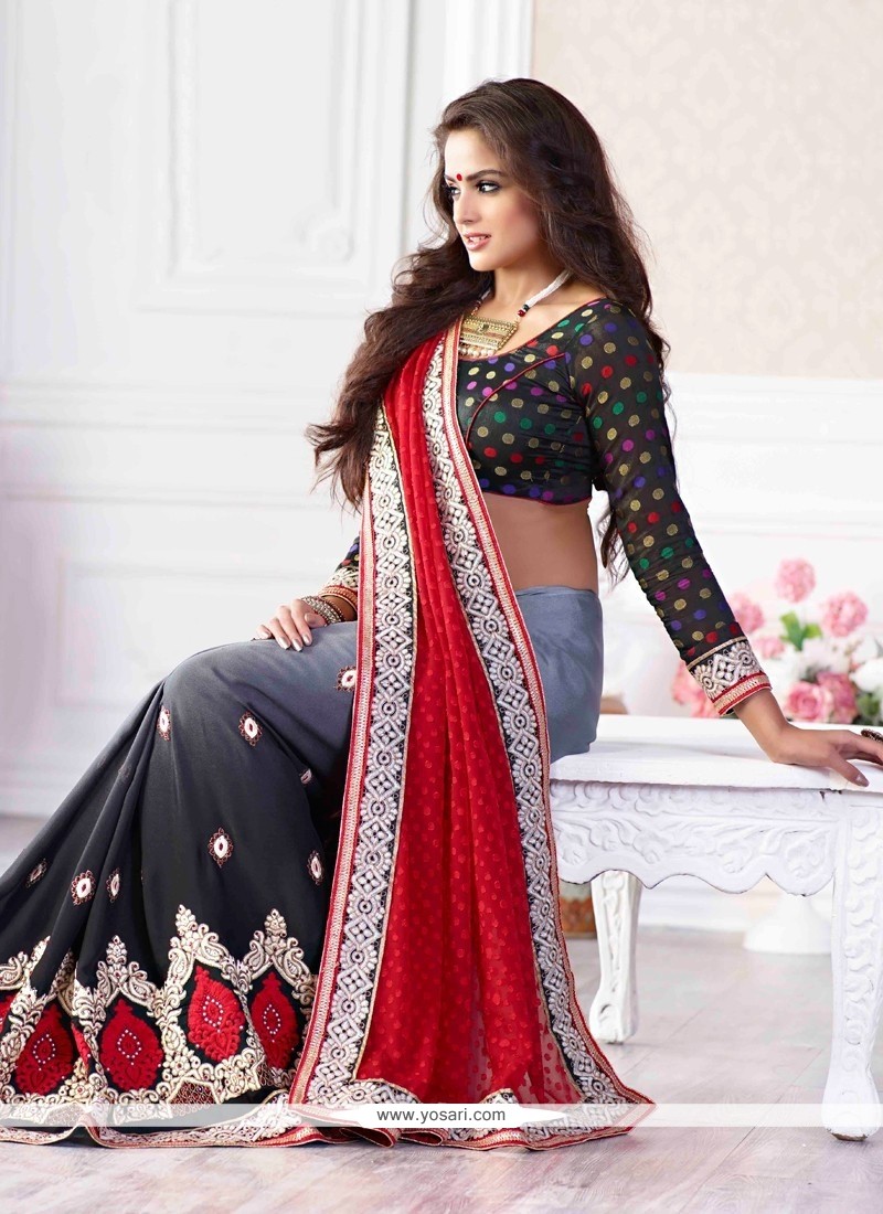 Red And Grey Shaded Embroidery Jacquard Designer Saree