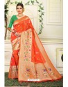 Orange Designer Party Wear Lichi Silk Sari