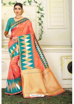 Orange Designer Party Wear Lichi Silk Sari