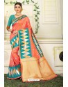 Orange Designer Party Wear Lichi Silk Sari