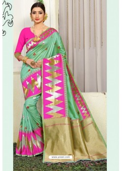 Sea Green Designer Party Wear Lichi Silk Sari