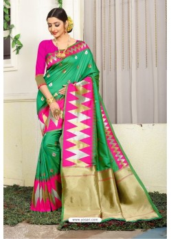 Jade Green Designer Party Wear Lichi Silk Sari