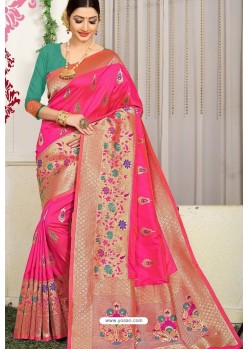 Fuchsia Designer Party Wear Lichi Silk Sari