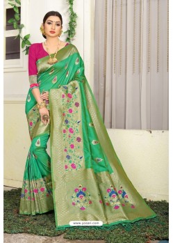 Jade Green Designer Party Wear Lichi Silk Sari