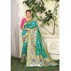 Turquoise Designer Party Wear Lichi Silk Sari