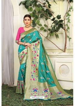 Turquoise Designer Party Wear Lichi Silk Sari