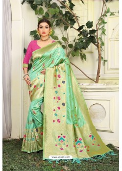 Sea Green Designer Party Wear Lichi Silk Sari