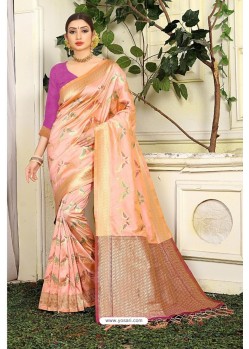 Light Orange Designer Party Wear Lichi Silk Sari