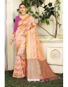 Light Orange Designer Party Wear Lichi Silk Sari