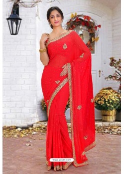 Red Latest Designer Party Wear Hand Work Sari