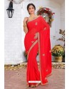 Red Latest Designer Party Wear Hand Work Sari