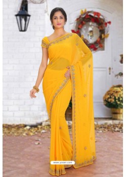 Yellow Latest Designer Party Wear Hand Work Sari