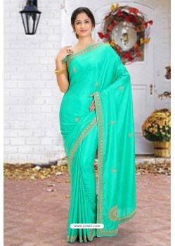 Aqua Blue Latest Designer Party Wear Hand Work Sari